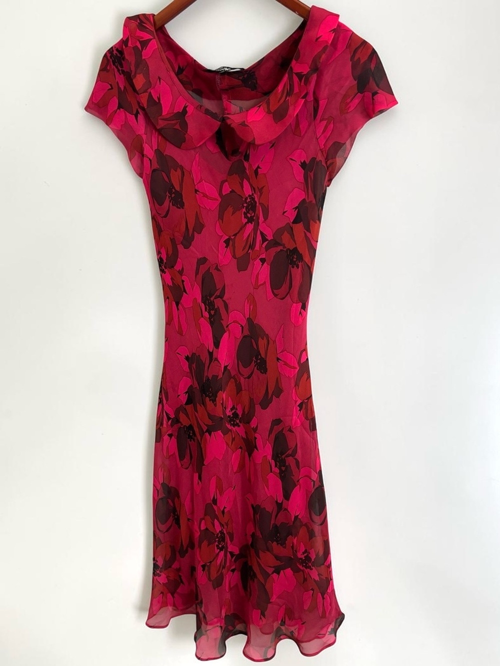 Betsey Johnson Dress Vintage 100% Silk Floral Midi Tea 90s Red M